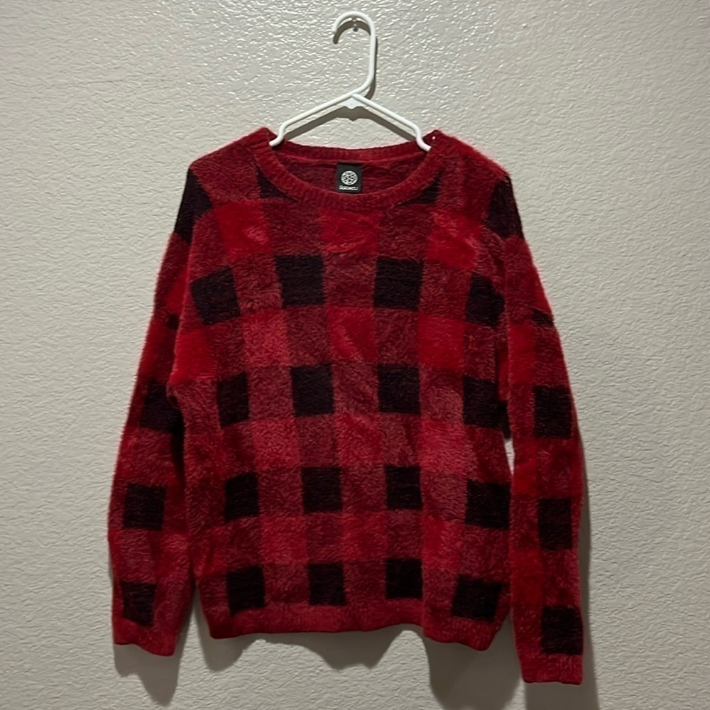 Bobeau Women’s Red Black Checkered Sweater Long Crew Neck Size Large